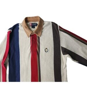 VTG 90s Chaps Ralph Lauren Med Vertical‎ Striped Rugby Shirt Tan Corduroy Collar